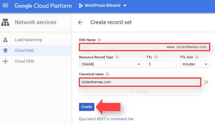 Agregar Registro DNS CNAME Google Cloud