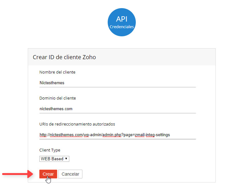 API Credenciales Crear ID Cliente Zoho Mail Plugin WordPress