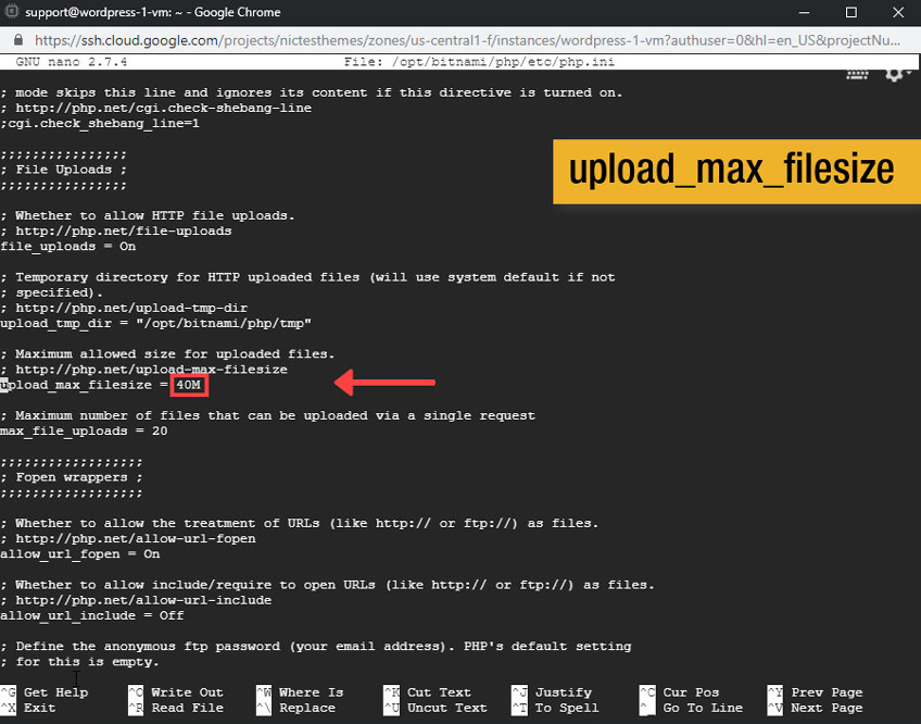Cambiar Tamaño Subida Archivo Máximo WordPress Bitnami Google Cloud