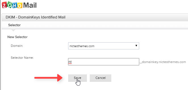 Guardar Selector Name DKIM Zoho Mail