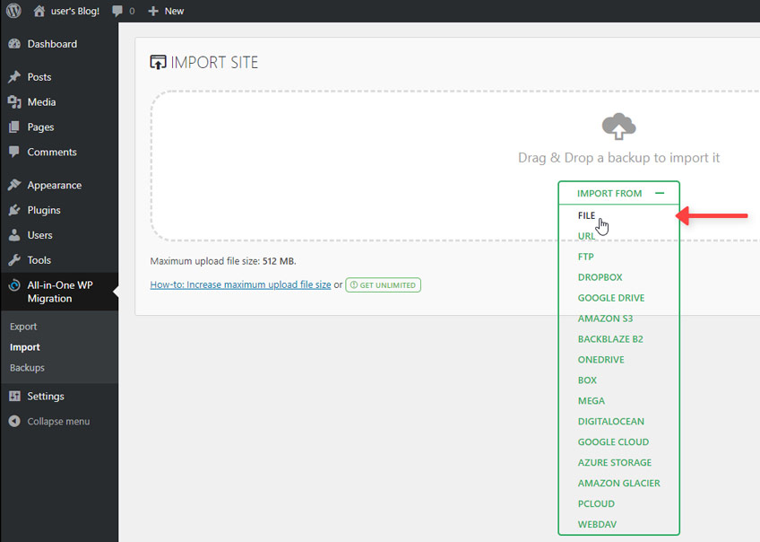 Cómo Migrar WordPress Importar Archivo Migración WordPress All In One WP Migration