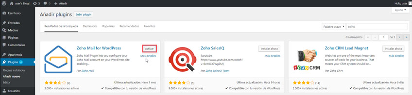 Instalar Plugin Zoho Mail for WordPress