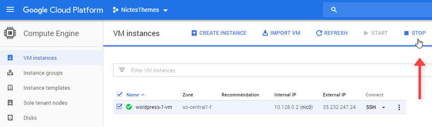 Parar VM Instances Google Cloud