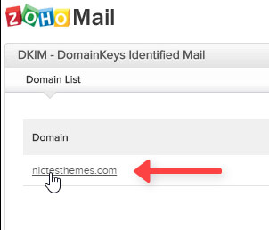 Seleccionar Dominio para crear DKIM Zoho Mail