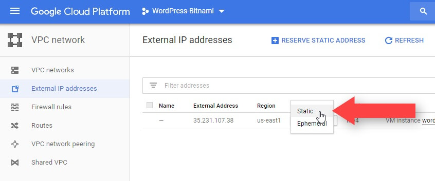 Seleccionar IP Estática Google Cloud