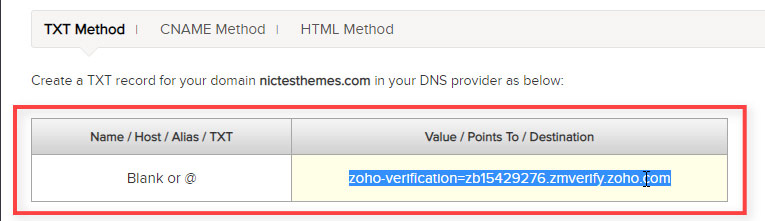 Verificar Dominio Método TXT Zoho Mail