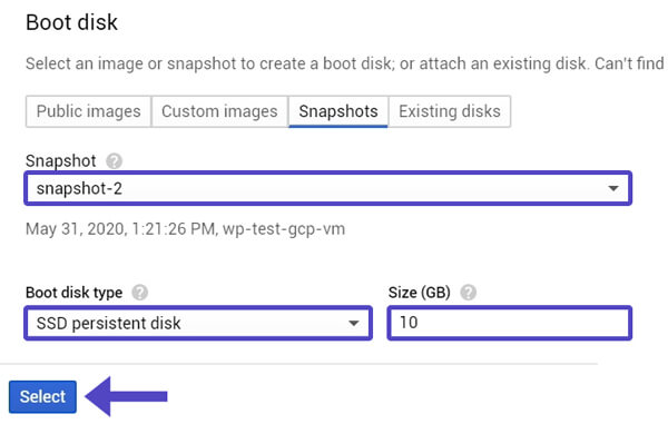 Configurar Boot Disk Restaurar Snapshot