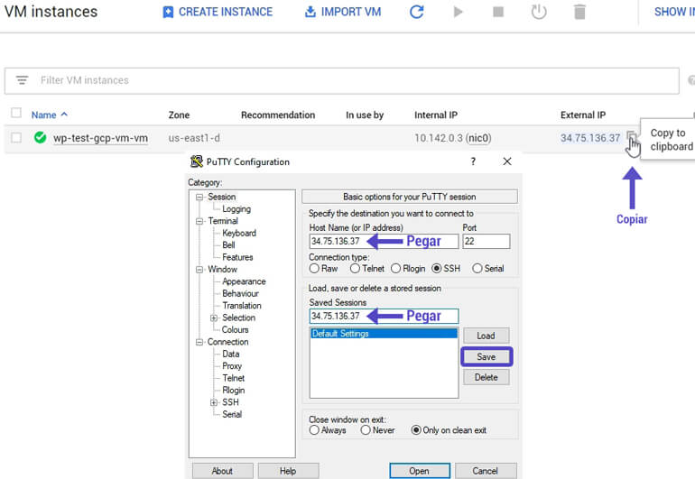 Configurar PuTTY Copiar IP Session