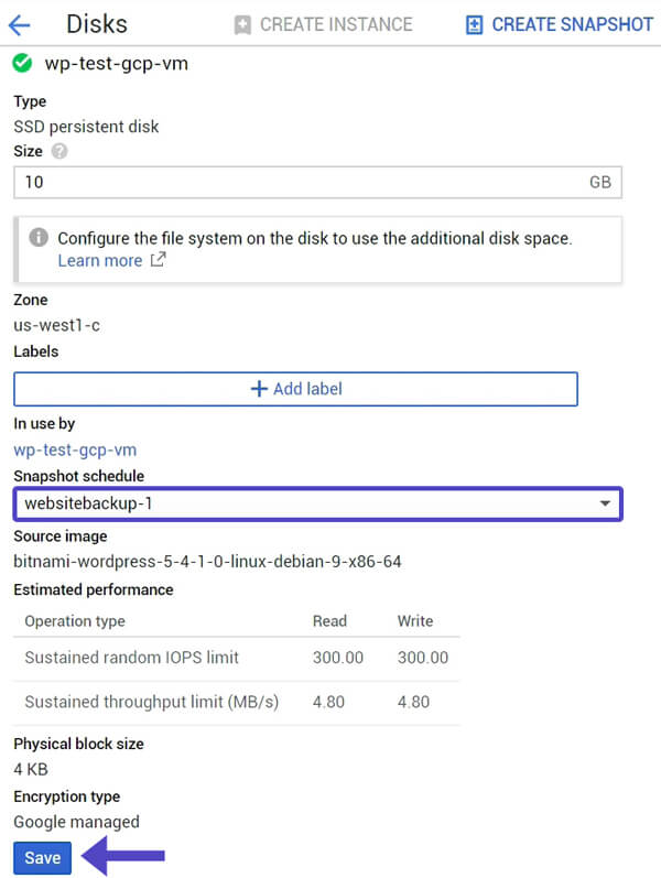 Enlazar Schedule Snapshot Google Cloud