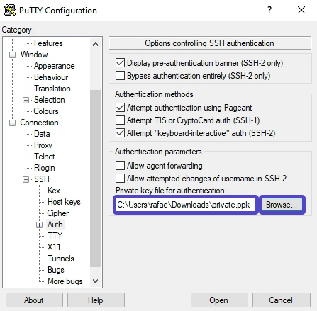 PuTTY Configuración Auth