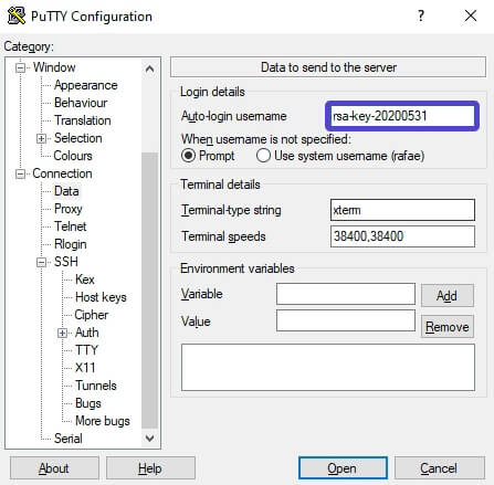 PuTTY Configuración Data