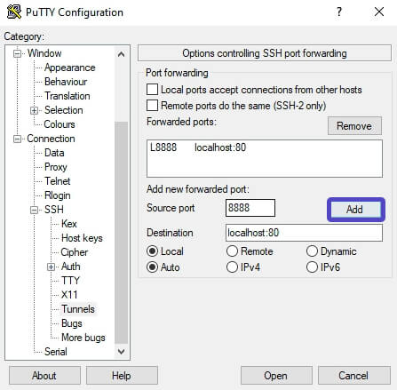 PuTTY Configuración Tunnels