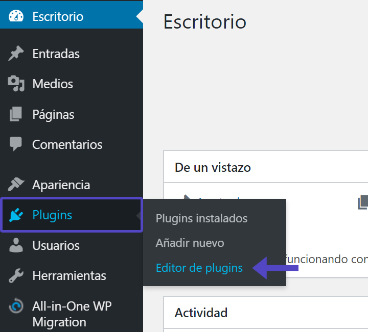 Abrir el Editor de Plugins en WordPress