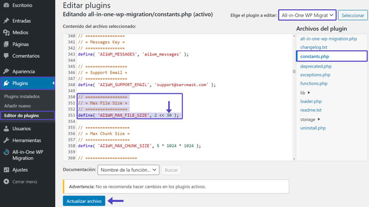 Editar Constants.php All-In-One WP Migration